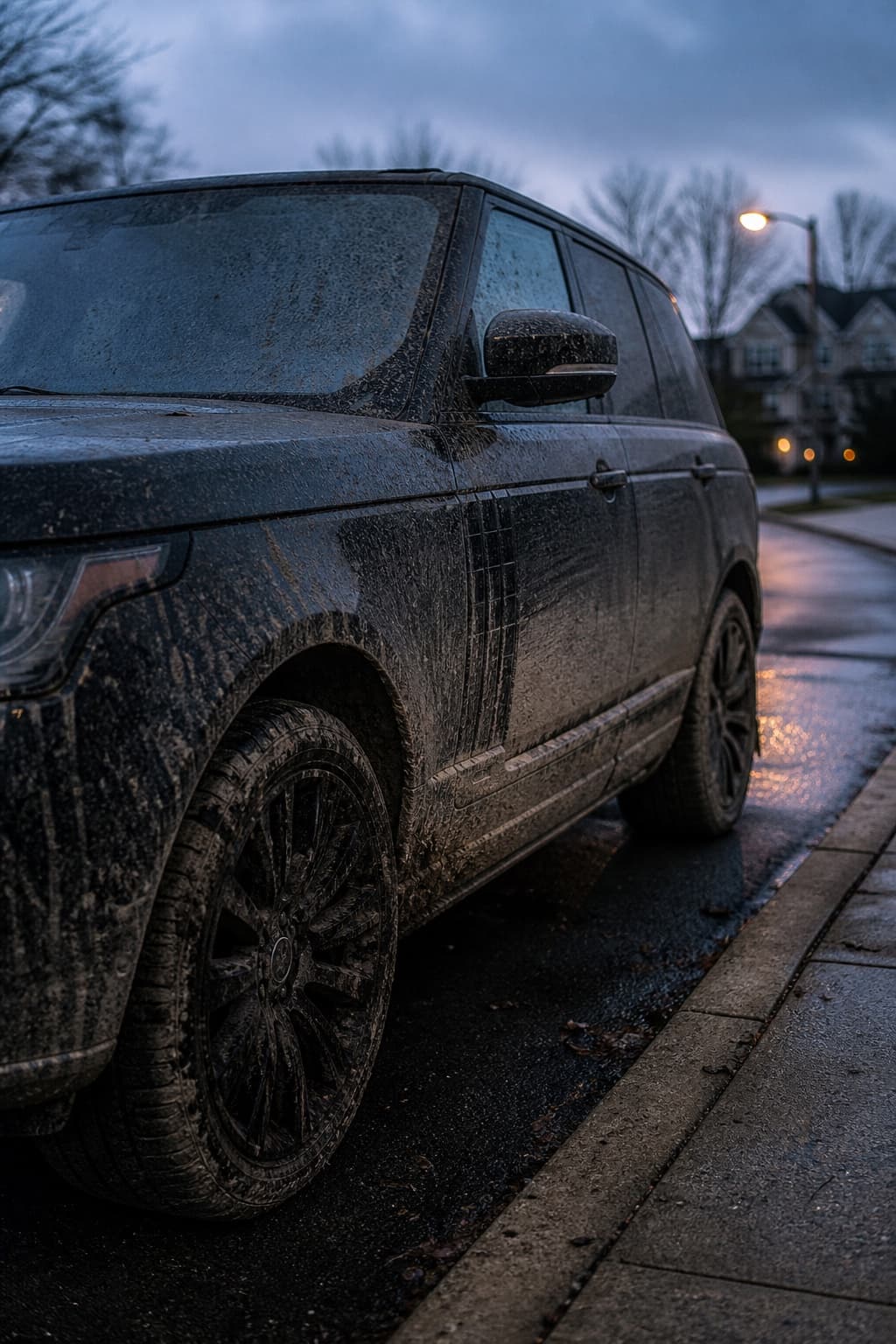 Mud-caked SUV at the curb before detailing