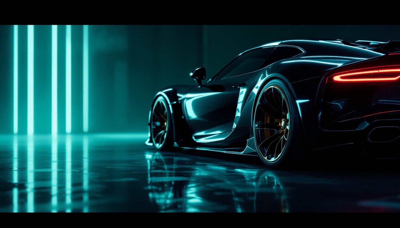Dark luxury vehicle in void studio with teal specular light